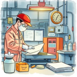 Inspection report generator: Create detailed reports on inspection results 1 Quality control inspector reviewing inspection reports in a manufacturing setting.