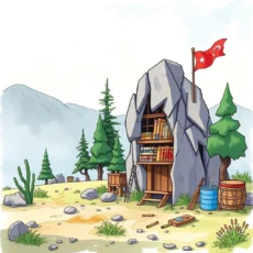 A quaint stone structure with books and a flag amidst trees in a serene landscape.