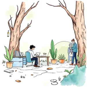 Process improvement planner: Suggest enhancements for quality processes 7 A person sits at a desk using a laptop, while two individuals engage nearby in a natural setting.
