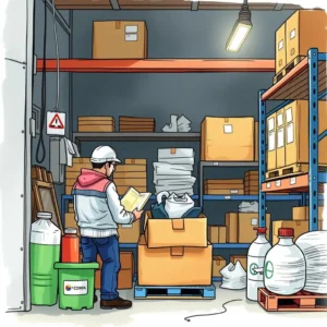 A quality control inspector evaluates product quality in a warehouse filled with various items and boxes.