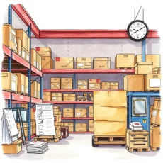 A well-organized warehouse with labeled boxes and quality checklists.
