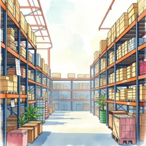 Warehouse interior showing organized shelves filled with boxes and products.