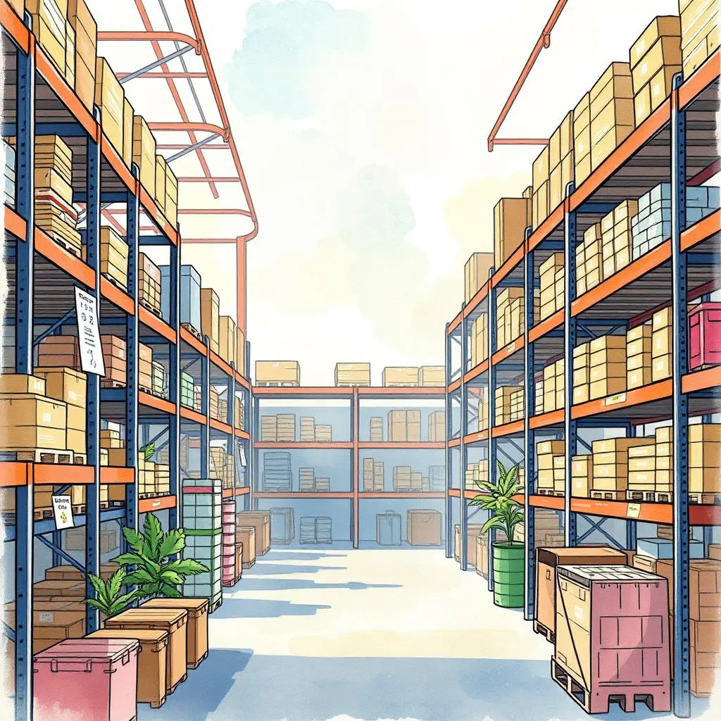 Quality inspection template generator: Create templates for product quality checks 1 Warehouse interior showing organized shelves filled with boxes and products.