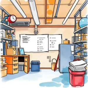 A well-organized workspace showcasing SOP revision tracking tools in a manufacturing environment