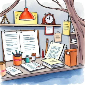 A workspace with papers, pens, and a lamp, ideal for creating audit templates.