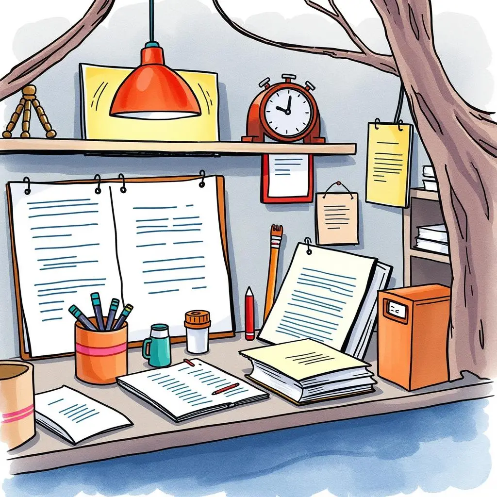 Audit evidence template creator: Generate templates for documenting audit evidence 1 A workspace with papers, pens, and a lamp, ideal for creating audit templates.