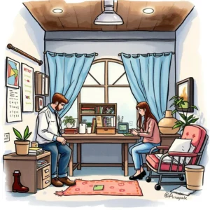 Quality Feedback Excerptor tool in a cozy office setting with two professionals collaborating and analyzing data