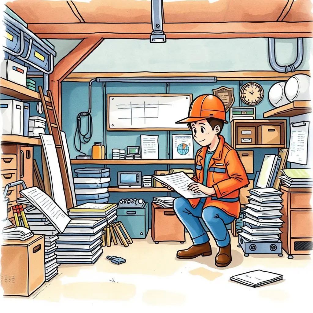 A quality control inspector reviewing documents in a manufacturing workspace filled with papers and equipment.