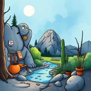 A serene landscape with a mountain, river, and symbolically expressive rock figure.