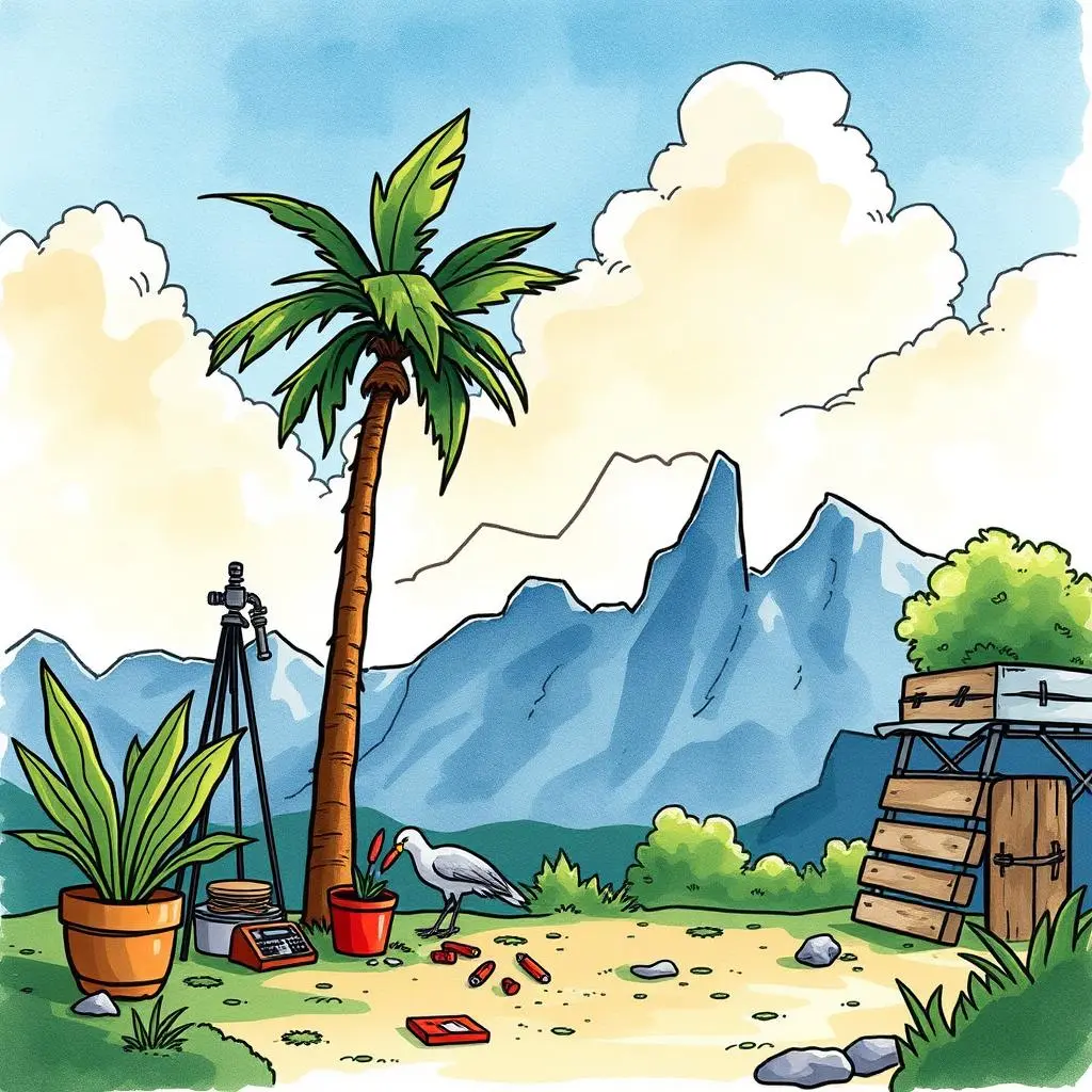 Metrics summary communicator: Generate concise quality metrics overviews 1 A tropical scene with a palm tree, mountains, a plant, and a bird near quality metrics tools.