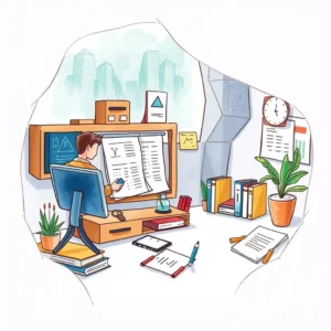 Quality Assurance Summary Builder tool in a modern office scene with a focused analyst at a computer.