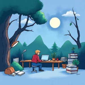 A person working on a laptop in a serene outdoor setting, surrounded by books and plants.
