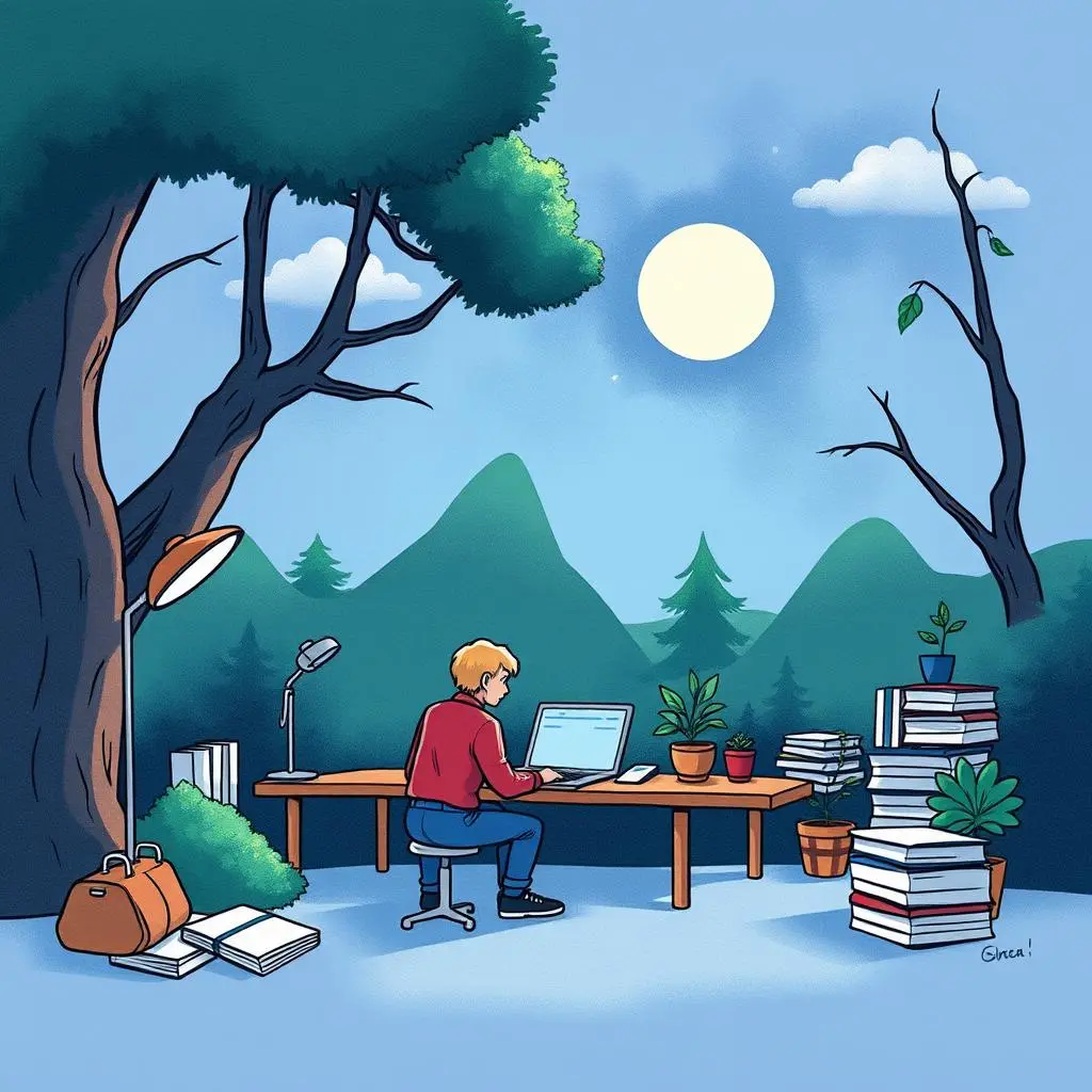 Daily reconciliation overview generator: Summarize daily reconciliation statuses efficiently 1 A person working on a laptop in a serene outdoor setting, surrounded by books and plants.
