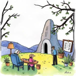 Two analysts discussing reconciliation discrepancies near a cave-like structure.
