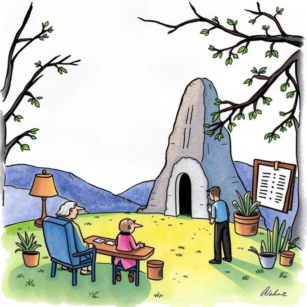 Discrepancy explanation builder: Generate explanations for reconciliation discrepancies 1 Two analysts discussing reconciliation discrepancies near a cave-like structure.