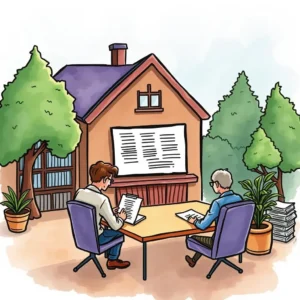 Discrepancy report generator: Quickly generates reports on discrepancies for review 4 Two professionals reviewing financial documents outside a quaint office setting.