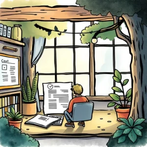 A person sitting in a cozy, plant-filled room engaged in reviewing reconciliation reports.