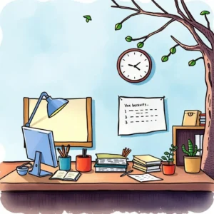 Review summary creator: Compiles summaries for easier reconciliation reviews 7 A workspace featuring a desk with a computer, stationery, and a clock in a bright atmosphere