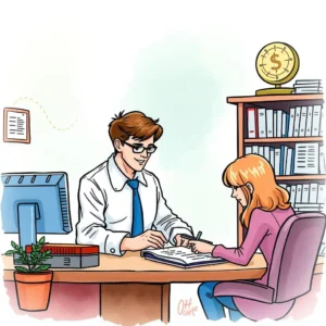 Transaction alignment checker: Ensures accurate alignment of transactions for approval 8 A professional finance discussion between a man and a woman at a desk with documents and a computer.