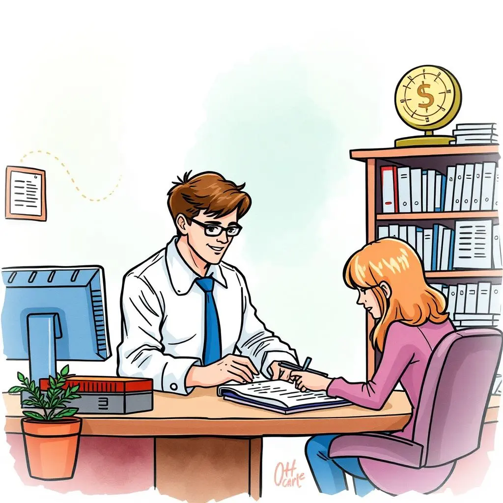 Transaction alignment checker: Ensures accurate alignment of transactions for approval 1 A professional finance discussion between a man and a woman at a desk with documents and a computer.