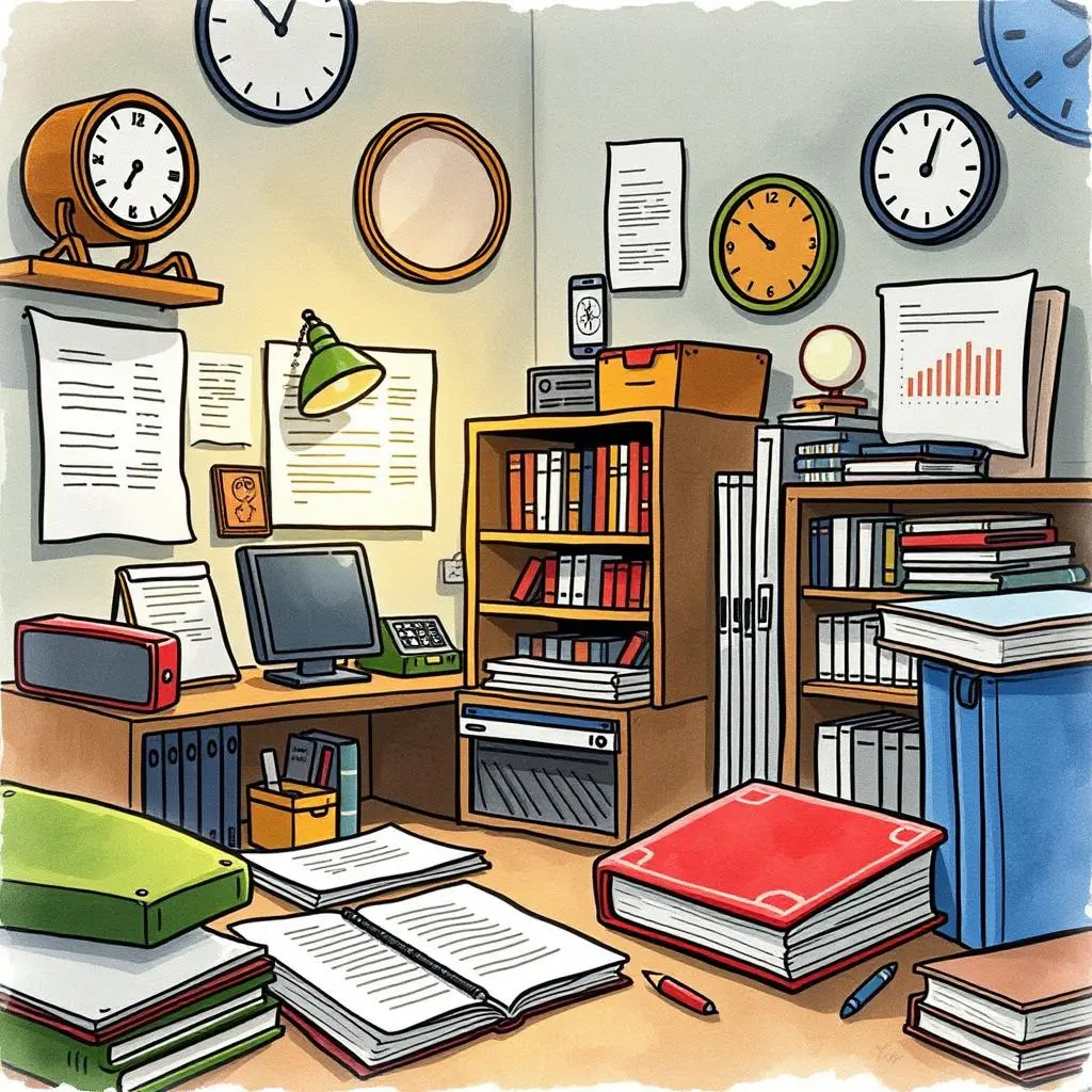 Input verification assistant: Cross-check details for data correctness 1 A cluttered office scene depicting tools for record auditing and data verification.