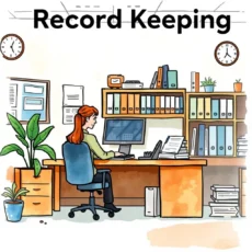 Record Keeping office scene with a woman analyzing documents at a desk surrounded by files and plants