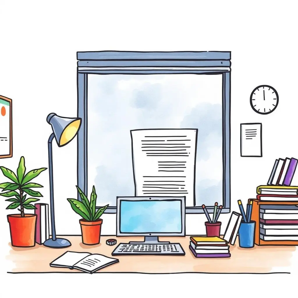 Quick report maker: Fast text-to-report conversion tool 1 A workspace featuring a computer, desk lamp, plants, and organized paperwork, ideal for report generation.