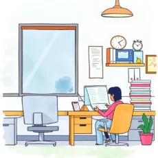 Person using a computer in a cozy office to generate reports.