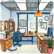 Person working at a desk surrounded by organized office materials.