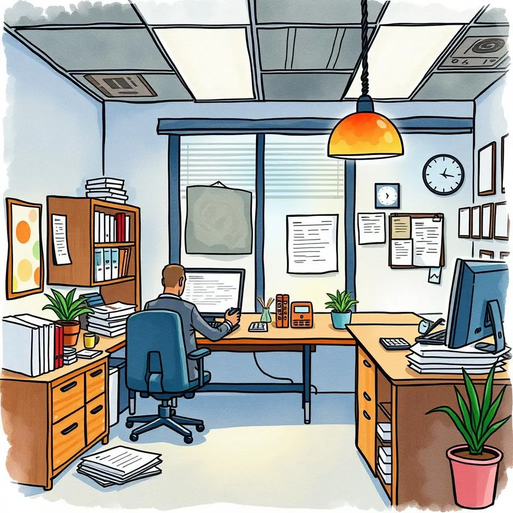 Textual data simplifier: Condense lengthy reports into concise versions 1 Person working at a desk surrounded by organized office materials.