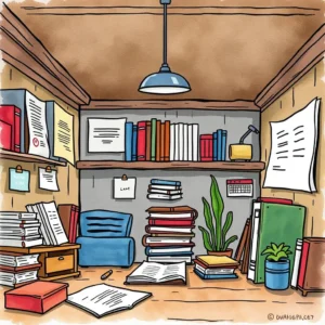 A cluttered office space with documents, books, and organization tools.