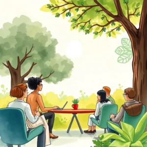 Reference discussion visualizer: Visualize reference discussions into concise outputs 1 Reference Discussion Visualizer tool in a serene outdoor setting with team members collaborating.