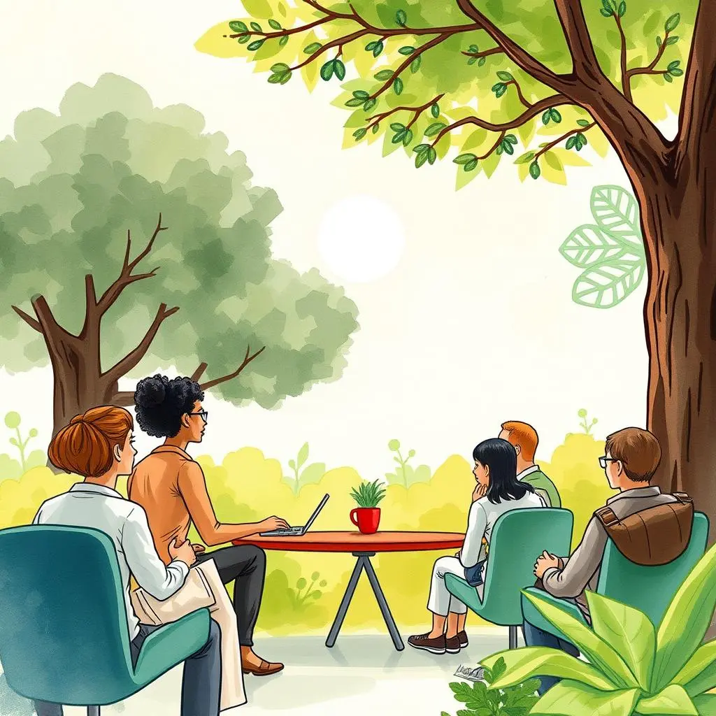 Reference discussion visualizer: Visualize reference discussions into concise outputs 1 Reference Discussion Visualizer tool in a serene outdoor setting with team members collaborating.