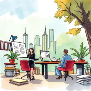 Professionals analyzing resumes in a modern office with city skyline views.