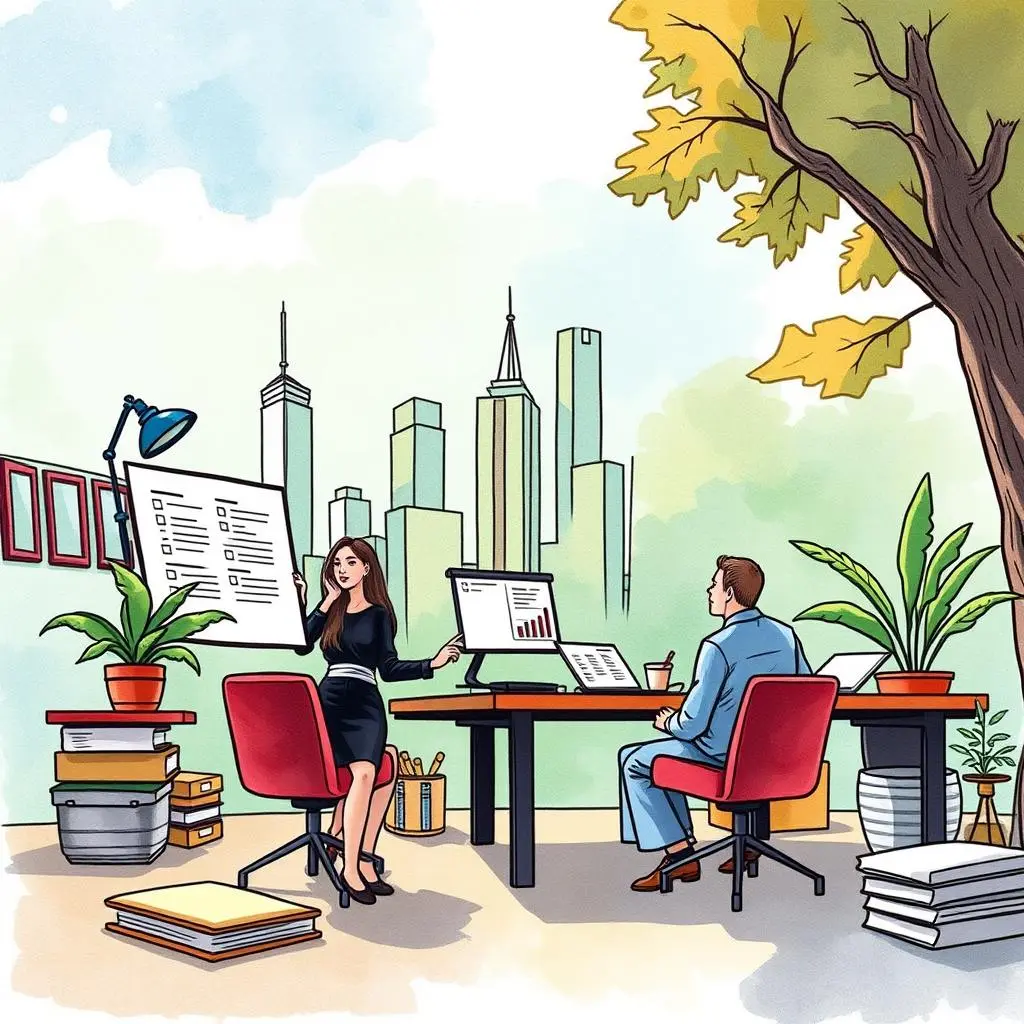Resume analyzer: Evaluate candidate resumes for key skills and experience 1 Professionals analyzing resumes in a modern office with city skyline views.