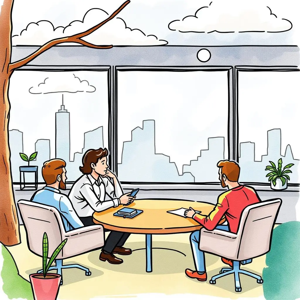 Candidate feedback analyzer: Generate insights from candidate feedback responses 1 Three professionals engaged in discussion around a table in a modern office with a cityscape view.
