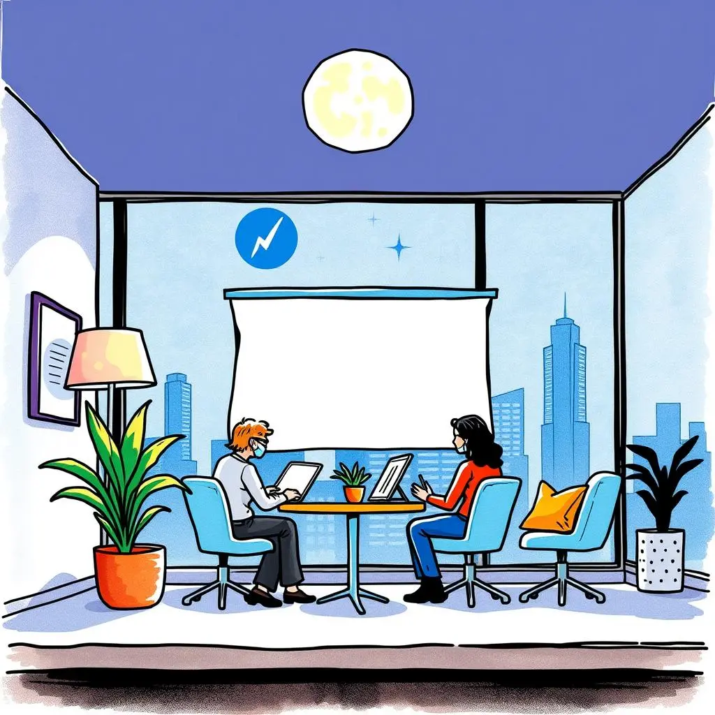 Interview experience guide: Develop structured interview process guidelines for candidates 1 A structured interview scene featuring two candidates in a modern office setting with a city view.