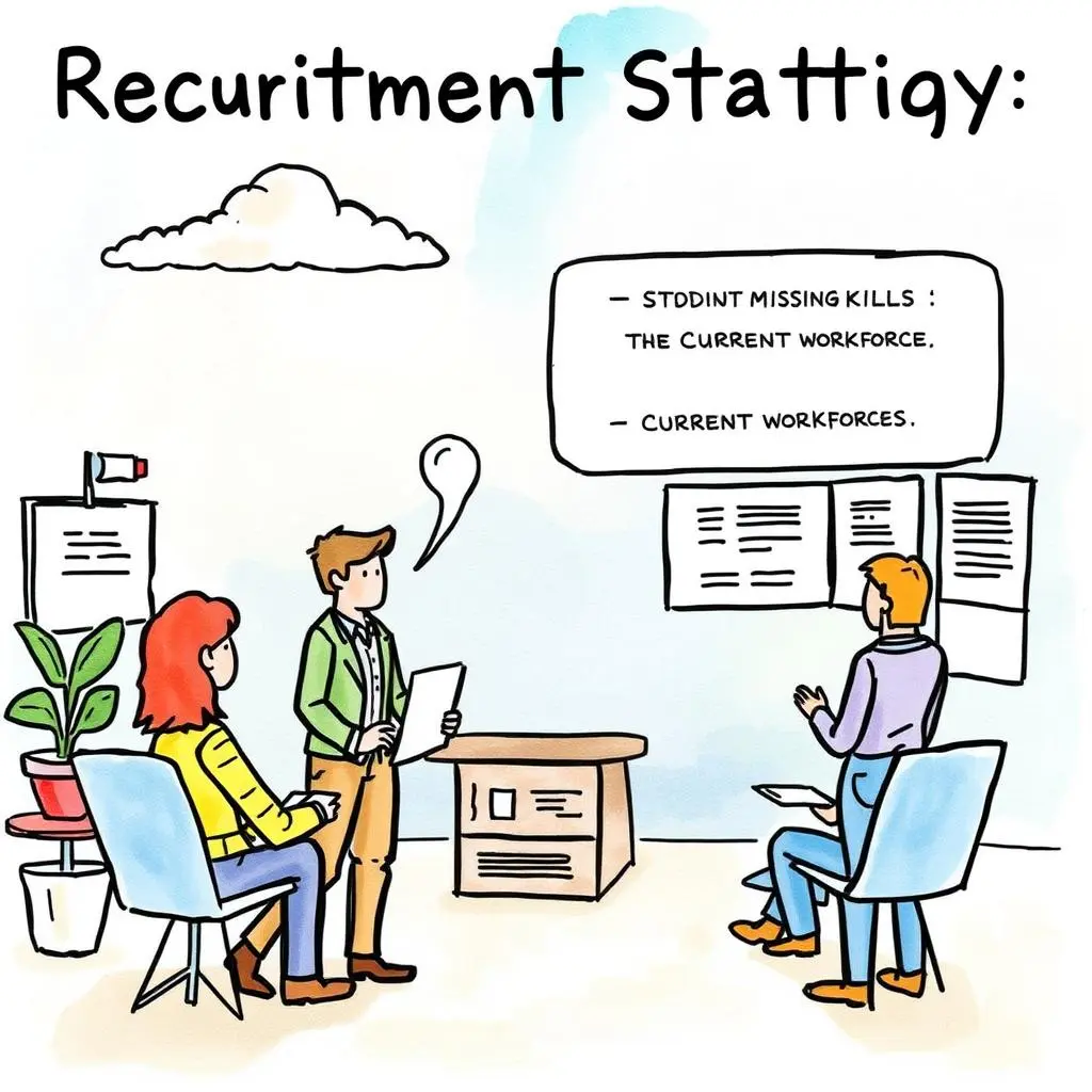Skill gap identifier: Highlight missing skills in the current workforce 1 Recruitment discussion in an office setting focused on identifying skills gaps in the workforce