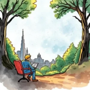 A person in a blue suit sitting on a chair, using a laptop amidst green trees and a city skyline.