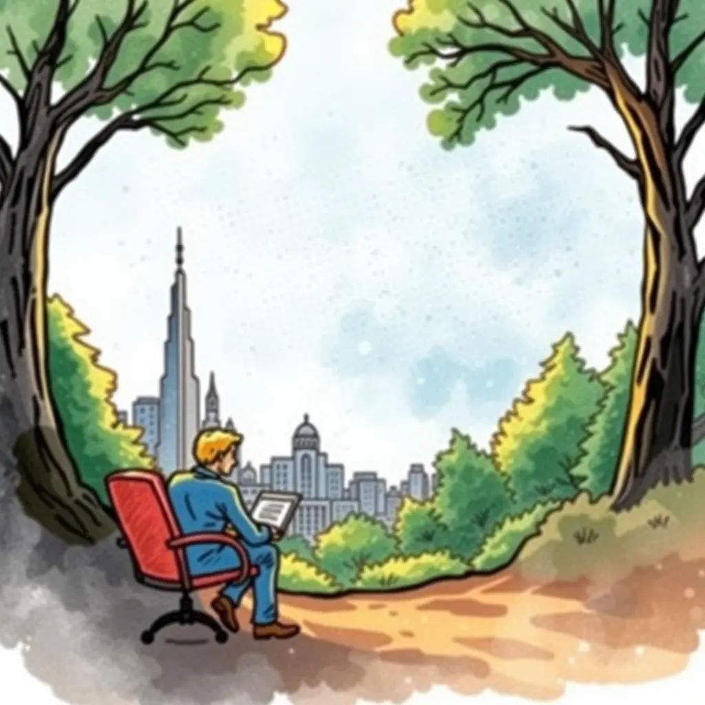 Filing record generator: Create precise filing summaries efficiently 1 A person in a blue suit sitting on a chair, using a laptop amidst green trees and a city skyline.