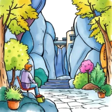 A serene landscape illustrating a person sitting outdoors amidst colorful foliage and a stone path leading to a structure.