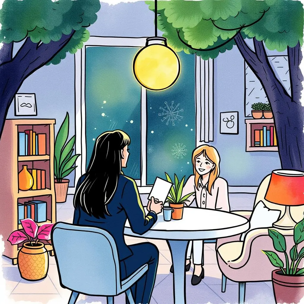 Client check-in message builder: Generate check-in messages for clients 1 A woman holds a message while speaking to a colleague in a cozy, plant-filled office setting.