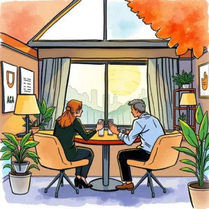 A collaborative meeting between two professionals brainstorming ideas with a view of the city.