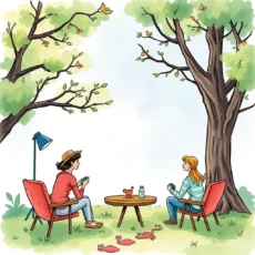 Two people engaging in conversation outdoors, fostering relationships.