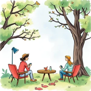 Two people engaging in conversation outdoors, fostering relationships.