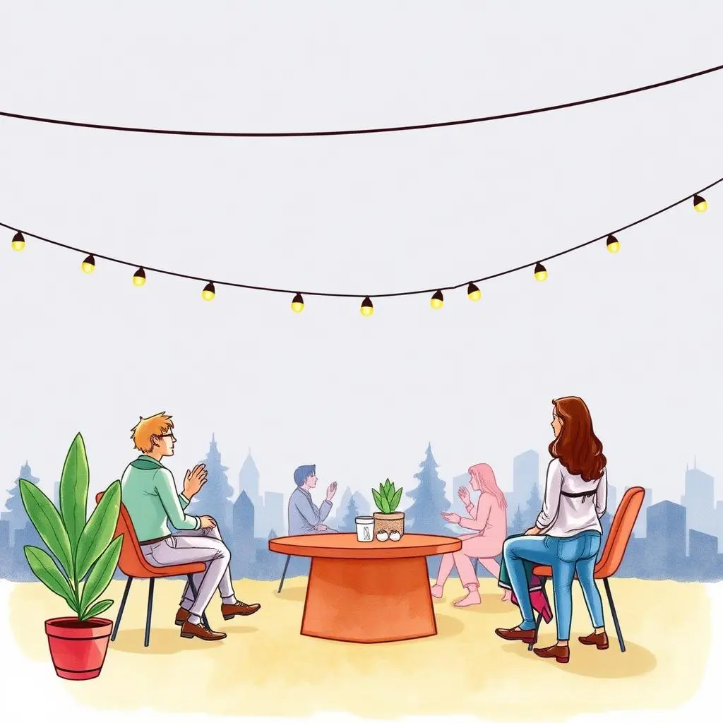 Event theme suggestion: Propose creative themes for events 1 Group of people discussing creative event themes in an outdoor setting.