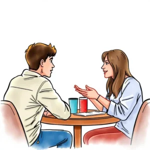 Two people engaged in conversation at a table, discussing feedback.
