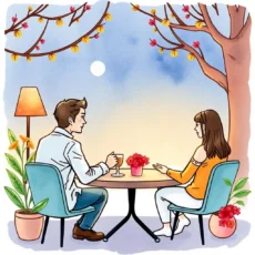 Seated couple enjoying a conversation at a beautifully decorated outdoor table with flowers.