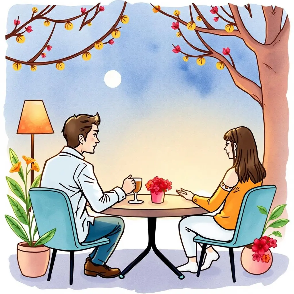 Invitation text builder: Craft engaging invitation messages 1 Seated couple enjoying a conversation at a beautifully decorated outdoor table with flowers.
