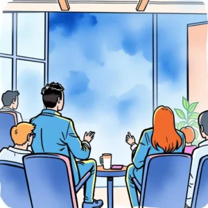 Networking professionals engaging in a collaborative meeting with a view.